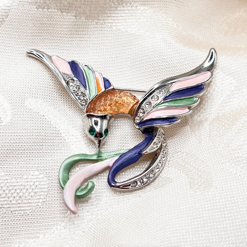 Vintage‎ Silver Tone Multi Color Enamel Bird of Paradise Brooch